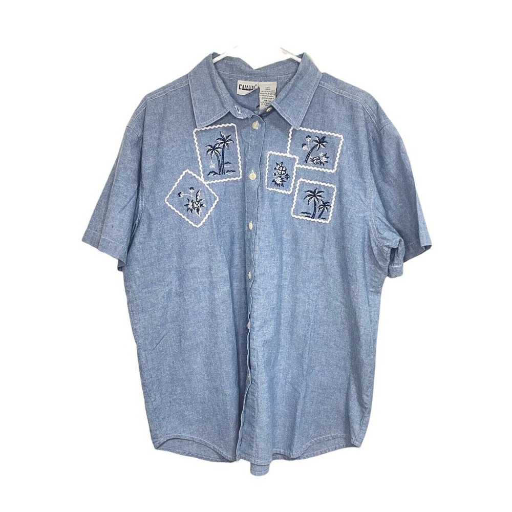 Capacity‎ Women's L Denim Shirt Vintage Palm Tree Embroidered Western Cottage